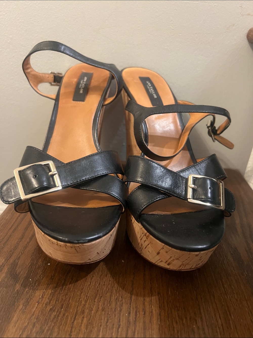Ann Taylor Black Platform Cork Sandals with Buckle - Women - Size 9